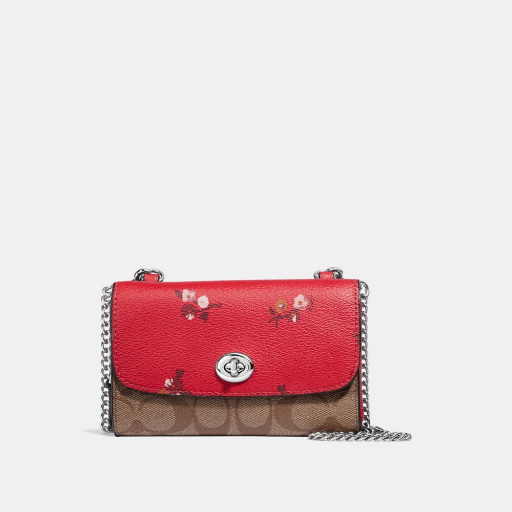 COACH F31608 Flap Phone Chain Crossbody In Signature Canvas And Baby Bouquet Print BRIGHT RED MULTI /SILVER