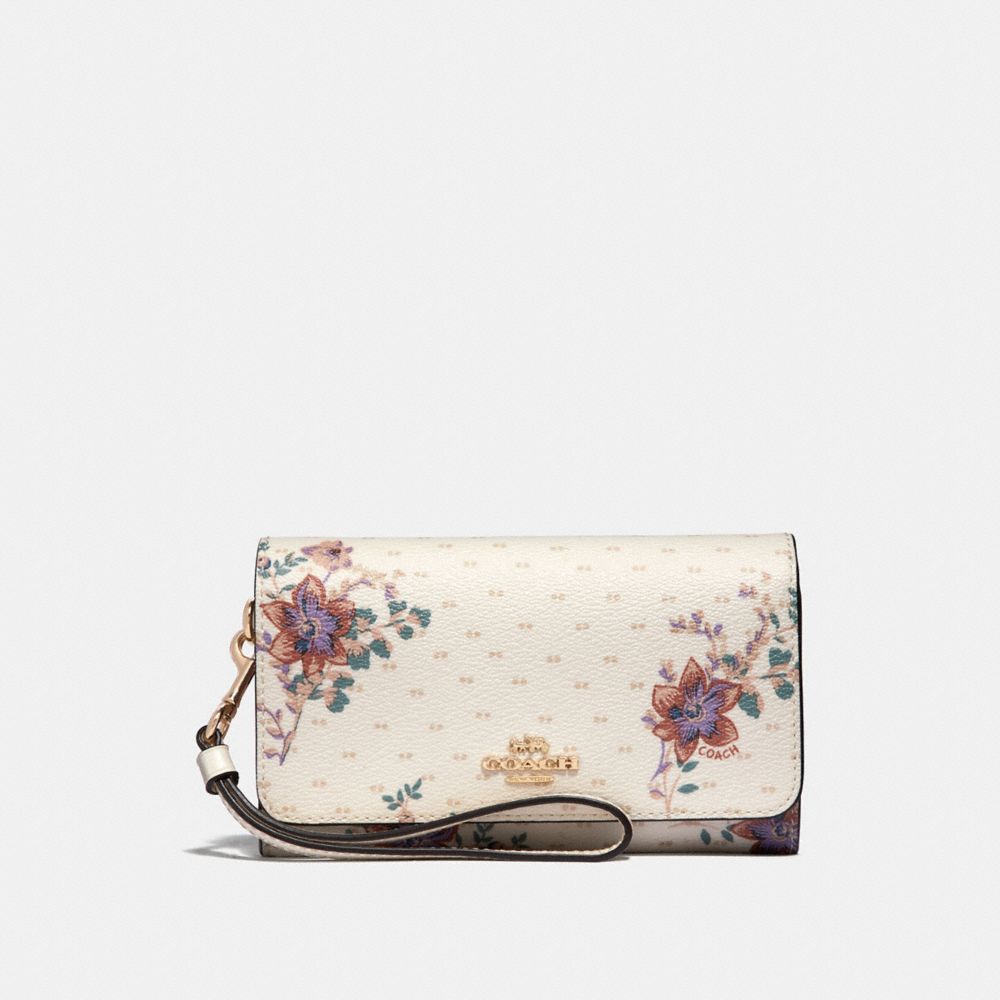 COACH F31609 FLAP PHONE WALLET WITH MINI MAGNOLIA BOUQUET PRINT CHALK-MULTI/LIGHT-GOLD