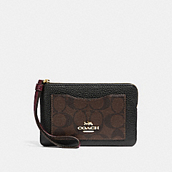 CORNER ZIP WRISTLET IN SIGNATURE CANVAS COLORBLOCK - COACH f31613 - BROWN/BLACK/light gold