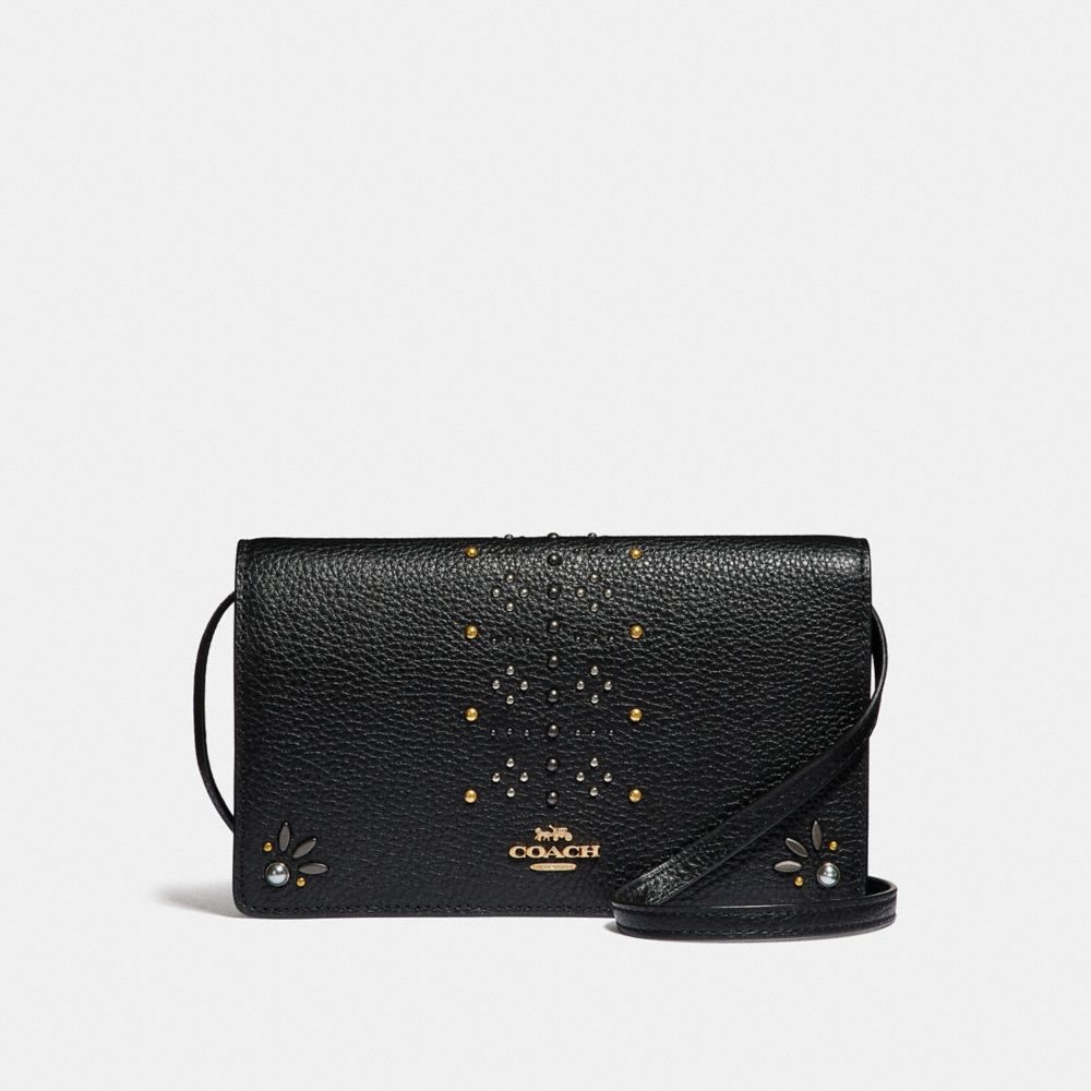 COACH FOLDOVER CROSSBODY CLUTCH IN SIGNATURE CANVAS WITH RIVETS - BROWN BLACK/MULTI/LIGHT GOLD - F31616