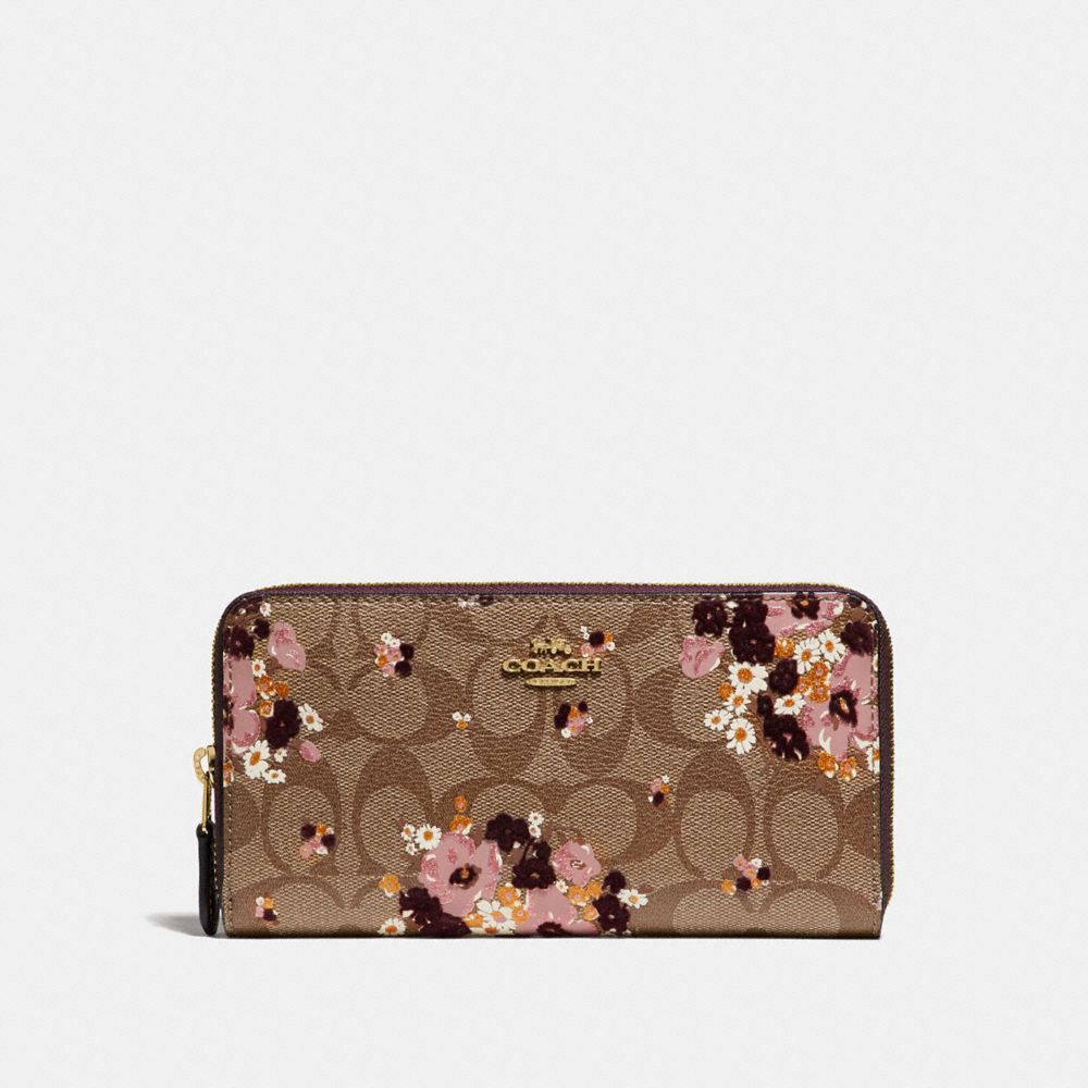 COACH F31651 ACCORDION ZIP WALLET IN SIGNATURE CANVAS WITH FLORAL FLOCKING KHAKI MULTI /LIGHT GOLD