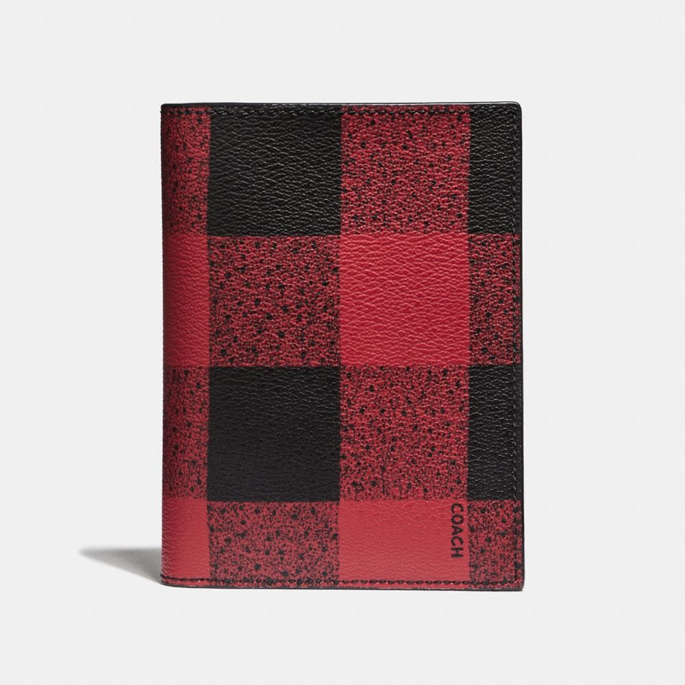 COACH F31658 PASSPORT CASE WITH BUFFALO CHECK PRINT RED-MULTI/BLACK-ANTIQUE-NICKEL