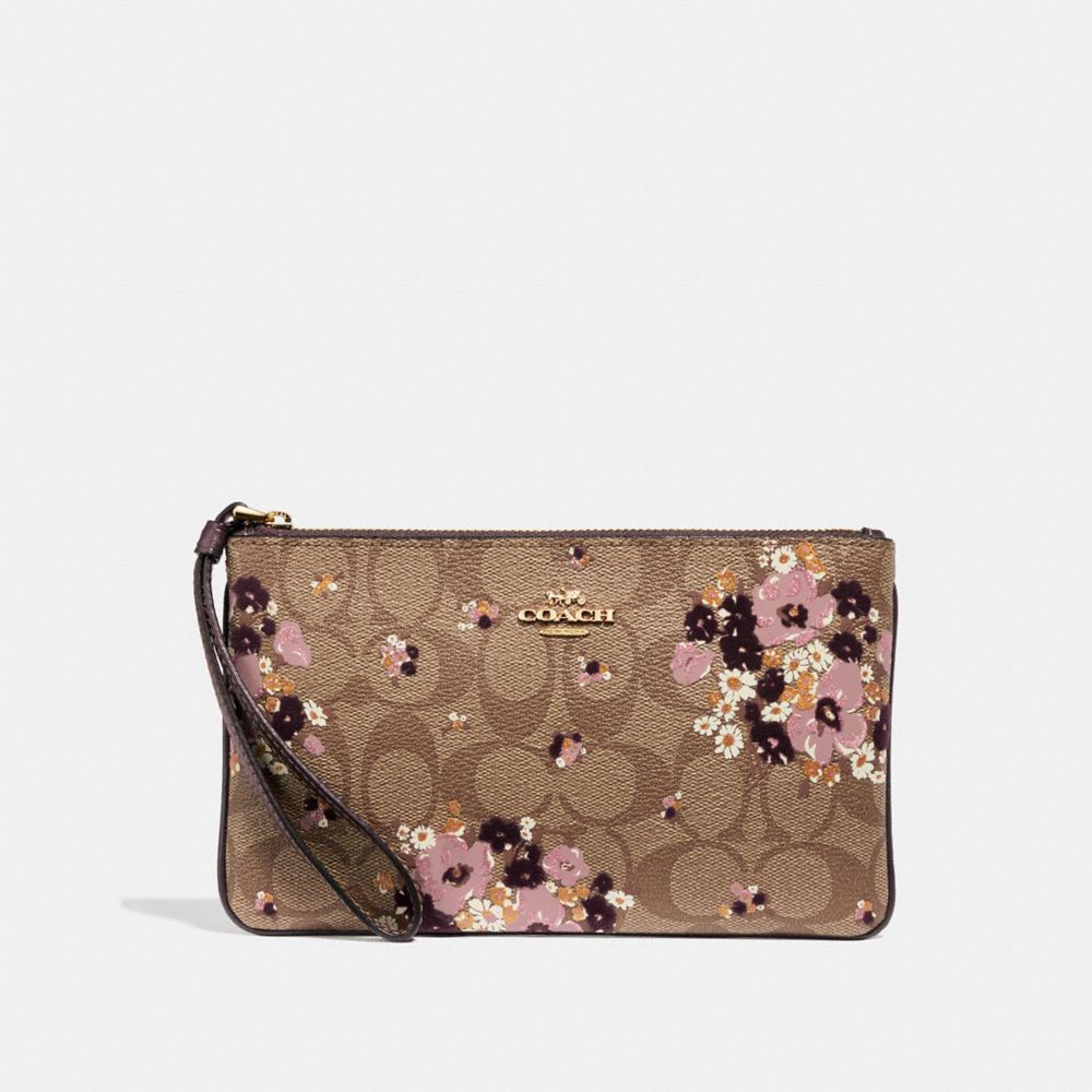 COACH F31770 LARGE WRISTLET IN SIGNATURE CANVAS WITH FLORAL FLOCKING KHAKI MULTI /LIGHT GOLD