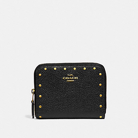 COACH SMALL ZIP AROUND WALLET WITH RIVETS - BLACK/BRASS - F31811