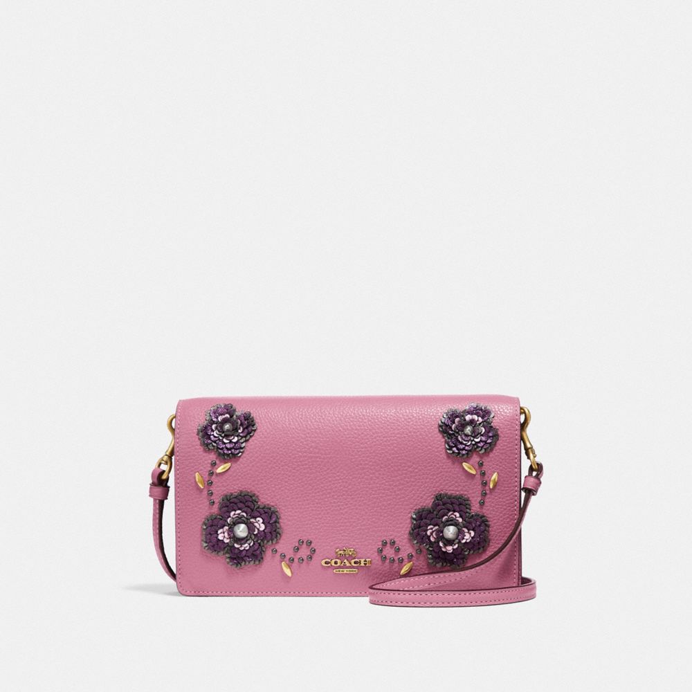 HAYDEN FOLDOVER CROSSBODY CLUTCH WITH LEATHER SEQUIN APPLIQUE - F31837 - ROSE/BRASS