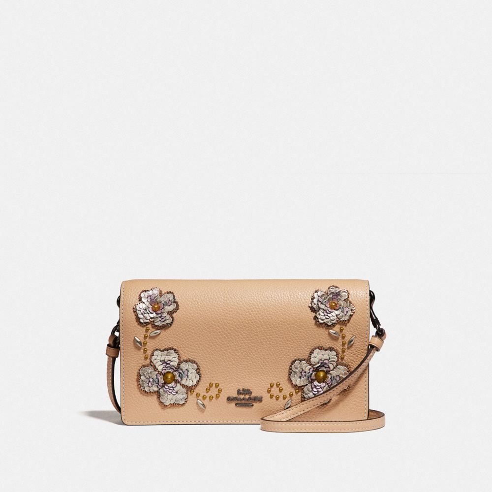 HAYDEN FOLDOVER CROSSBODY CLUTCH WITH LEATHER SEQUIN APPLIQUE - F31837 - BEECHWOOD/BLACK COPPER