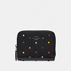 COACH SMALL ZIP AROUND WALLET WITH RAINBOW RIVETS - BLACK/DARK GUNMETAL - F31839