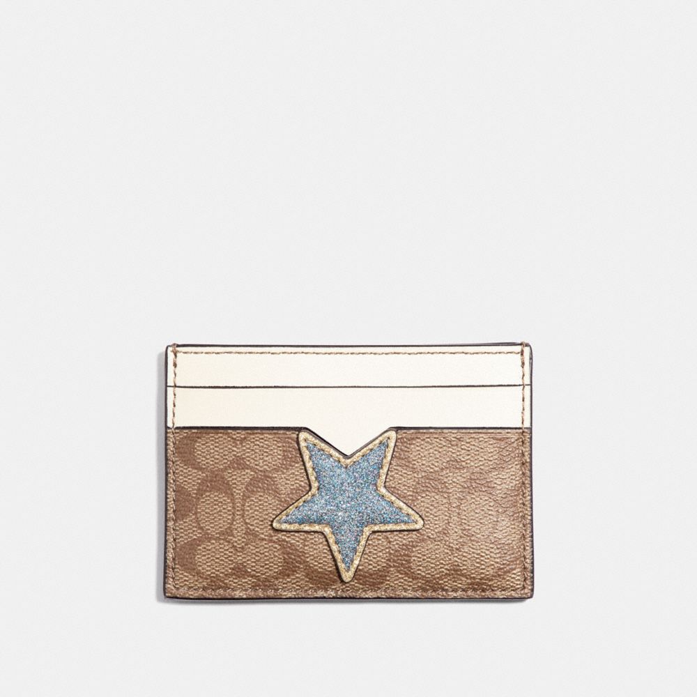 COACH F31882 CARD CASE IN SIGNATURE CANVAS WITH STAR KHAKI MULTI /LIGHT GOLD