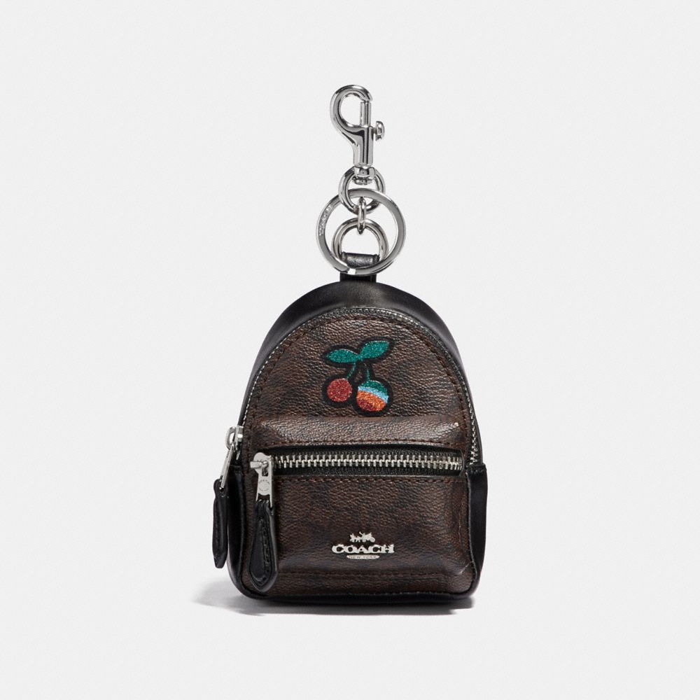 COACH BACKPACK COIN CASE IN SIGNATURE CANVAS WITH CHERRY - BROWN BLACK/MULTI/SILVER - F31895