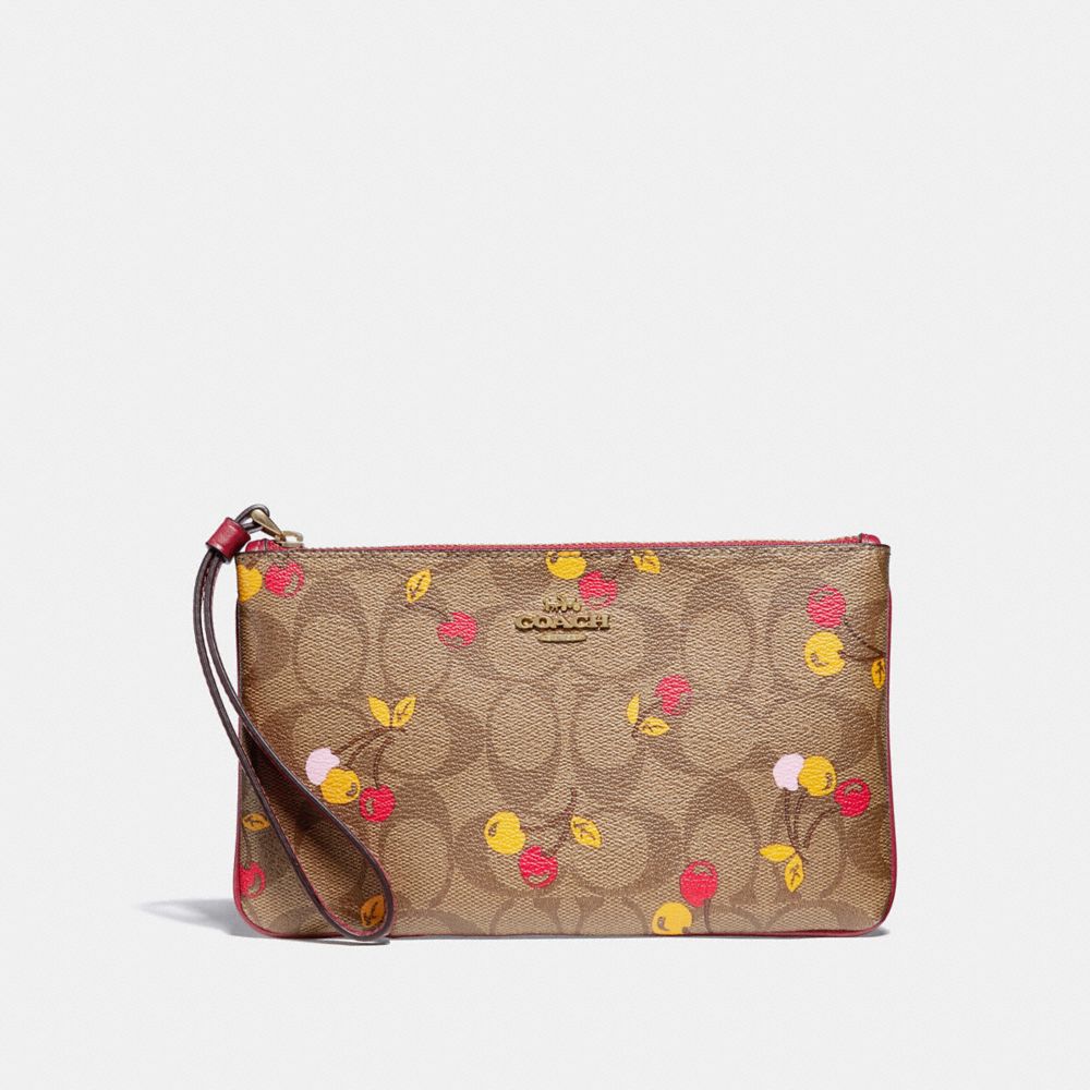 COACH f31896 LARGE WRISTLET IN SIGNATURE CANVAS WITH CHERRY PRINT KHAKI MULTI /light gold