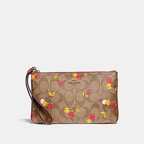 COACH LARGE WRISTLET IN SIGNATURE CANVAS WITH CHERRY PRINT - KHAKI MULTI /light gold - f31896