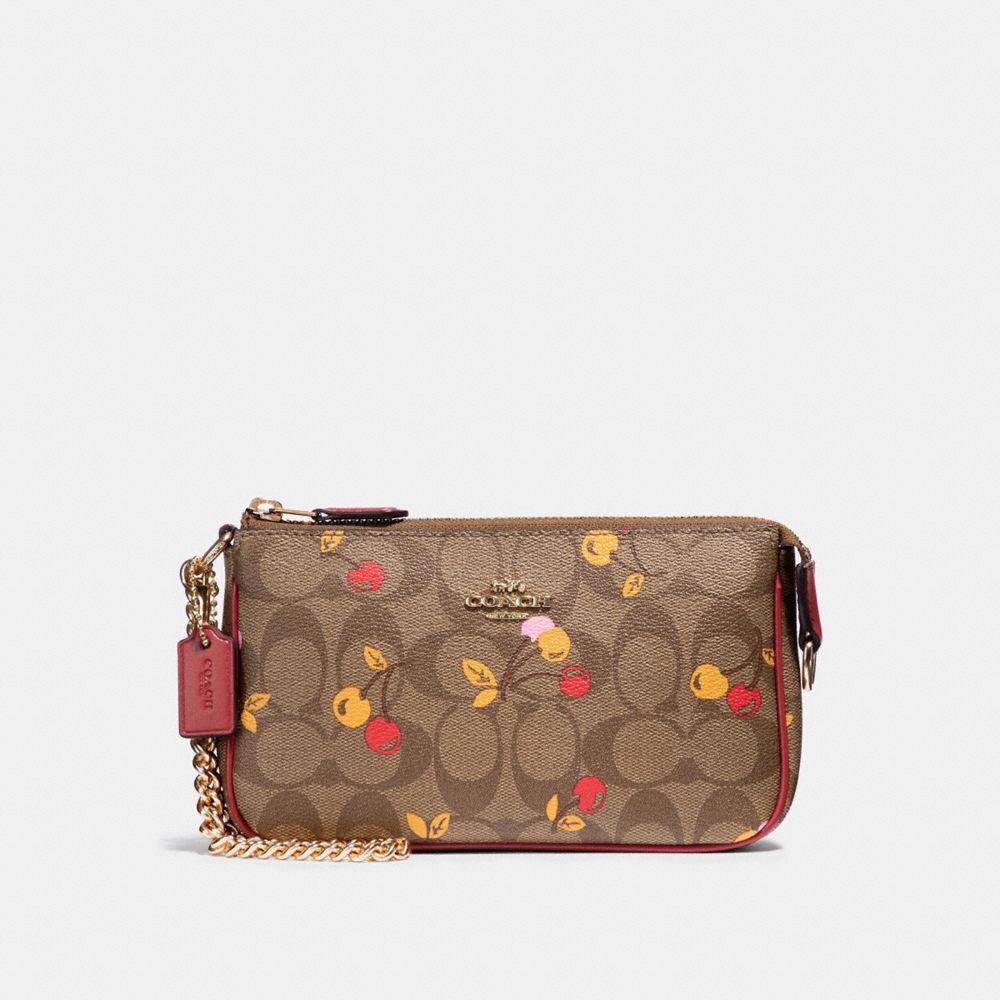 LARGE WRISTLET 19 IN SIGNATURE CANVAS WITH CHERRY PRINT - KHAKI MULTI /LIGHT GOLD - COACH F31898