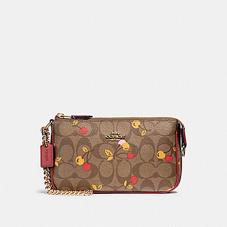 COACH LARGE WRISTLET 19 IN SIGNATURE CANVAS WITH CHERRY PRINT - KHAKI MULTI /light gold - f31898
