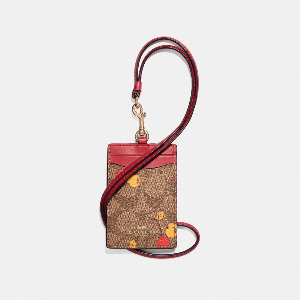 ID LANYARD IN SIGNATURE CANVAS WITH CHERRY PRINT - KHAKI MULTI /LIGHT GOLD - COACH F31899