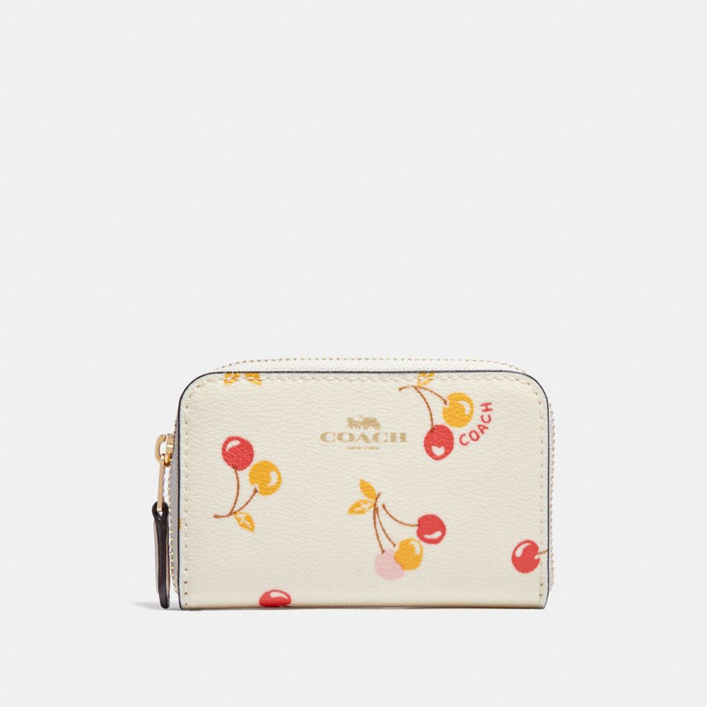 COACH F31900 - ZIP AROUND COIN CASE WITH CHERRY PRINT CHALK MULTI/LIGHT GOLD