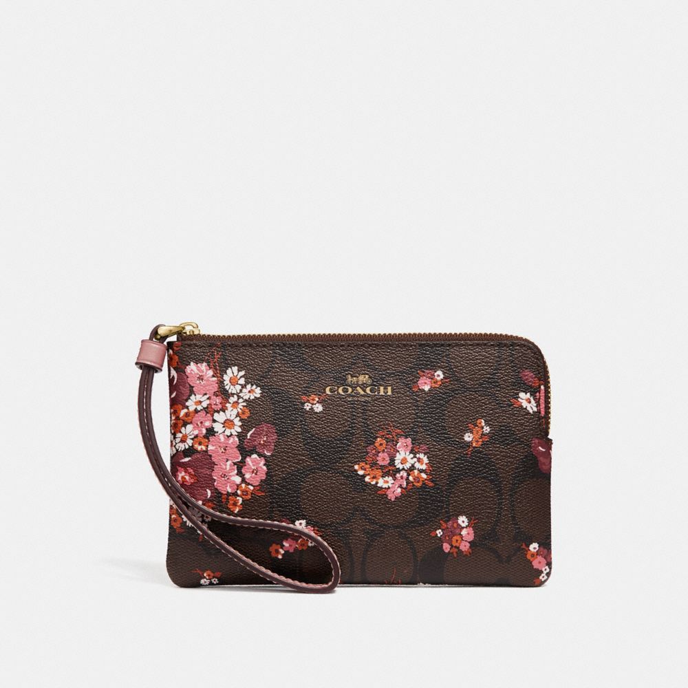 CORNER ZIP WRISTLET IN SIGNATURE CANVAS WITH MEDLEY BOUQUET PRINT - f31914 - BROWN MULTI/light gold