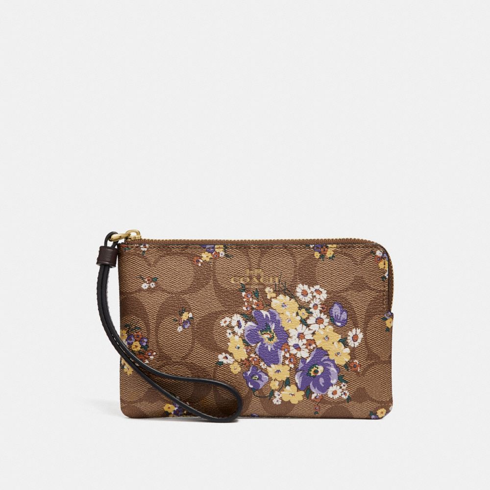 CORNER ZIP WRISTLET IN SIGNATURE CANVAS WITH MEDLEY BOUQUET PRINT - KHAKI MULTI /LIGHT GOLD - COACH F31914