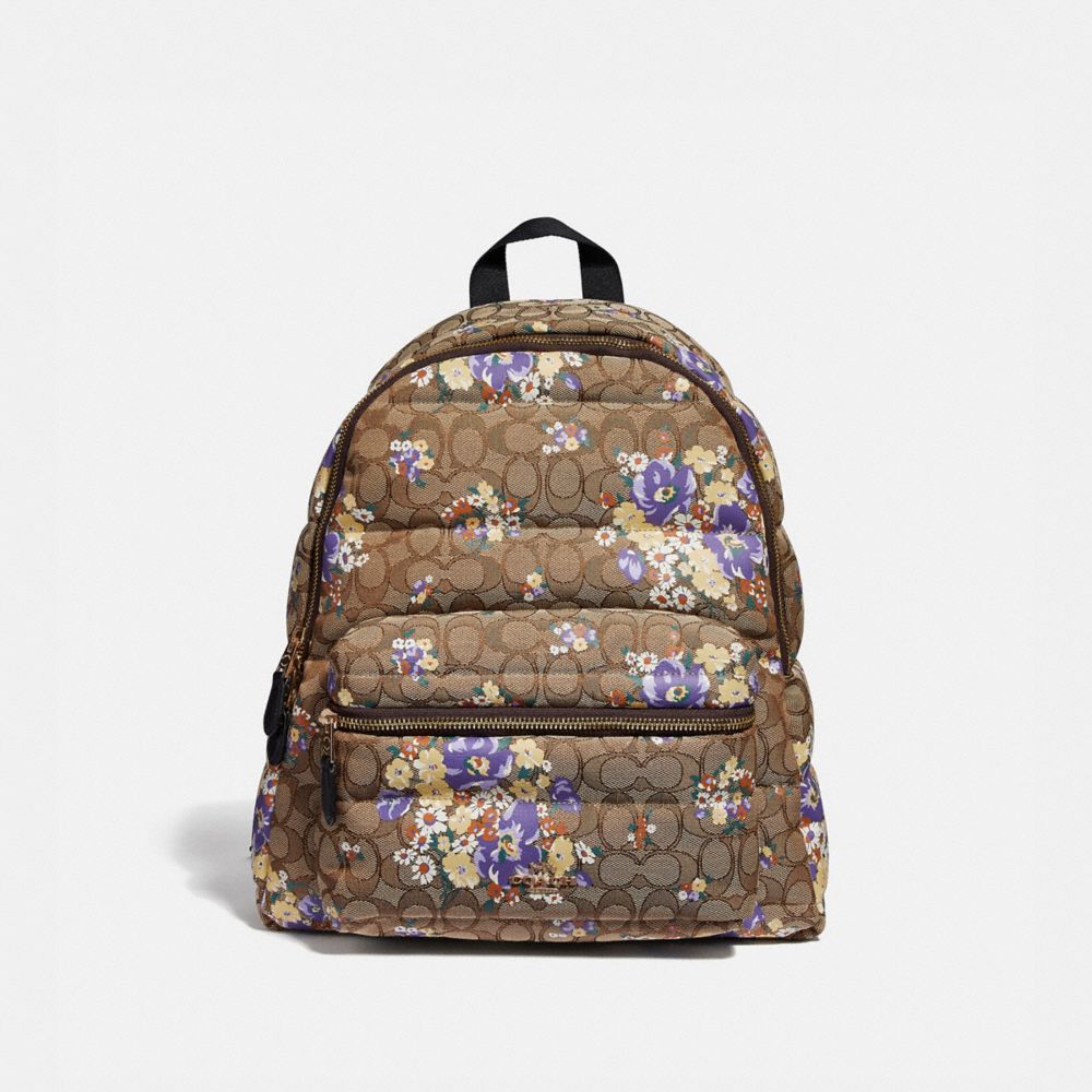 COACH F31915 Charlie Backpack In Signature Quilted Nylon With Baby Bouquet Print LIGHT KHAKI/MULTI/LIGHT GOLD