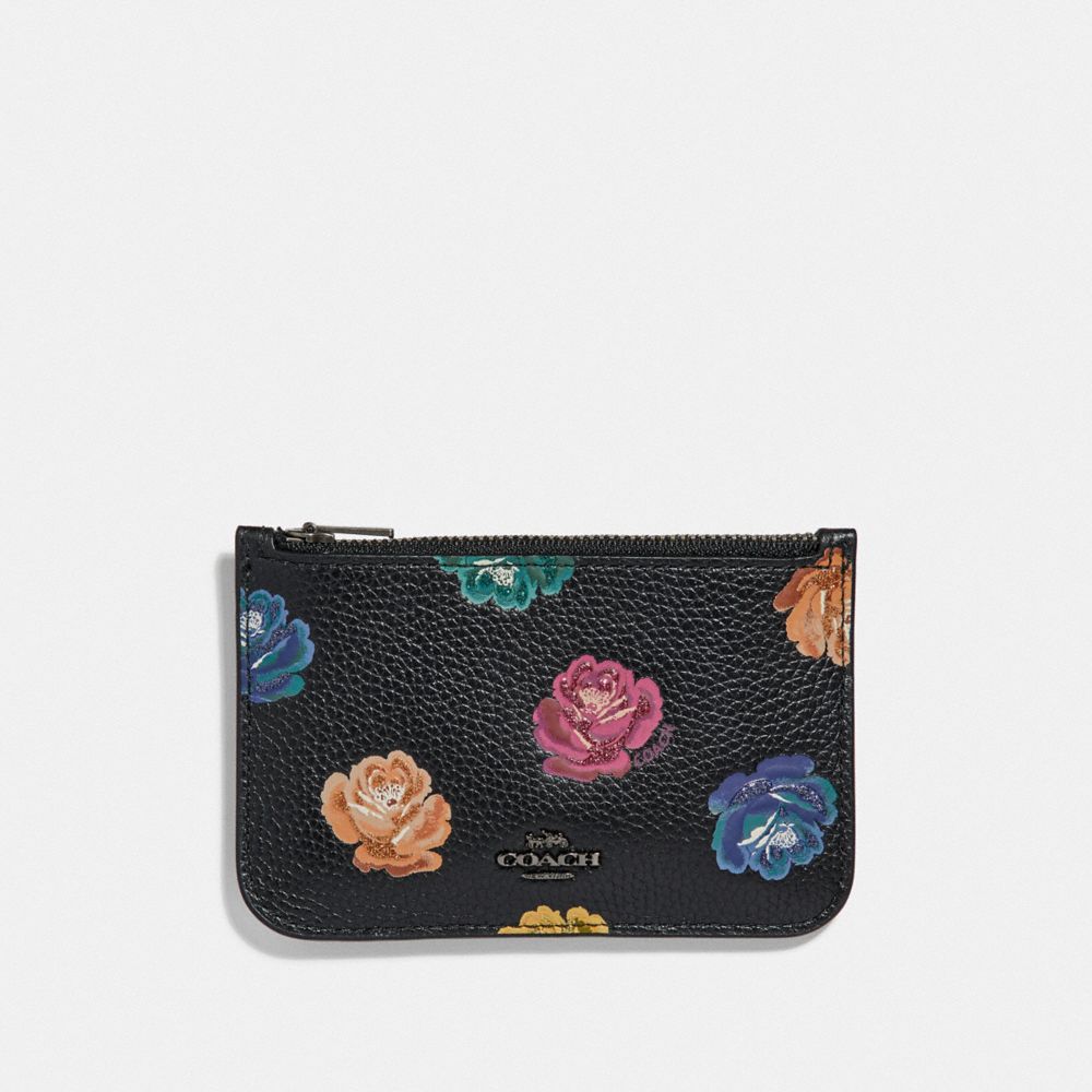 ZIP CARD CASE WITH RAINBOW ROSE PRINT - F31925 - RAINBOW ROSE PRINT/DARK GUNMETAL