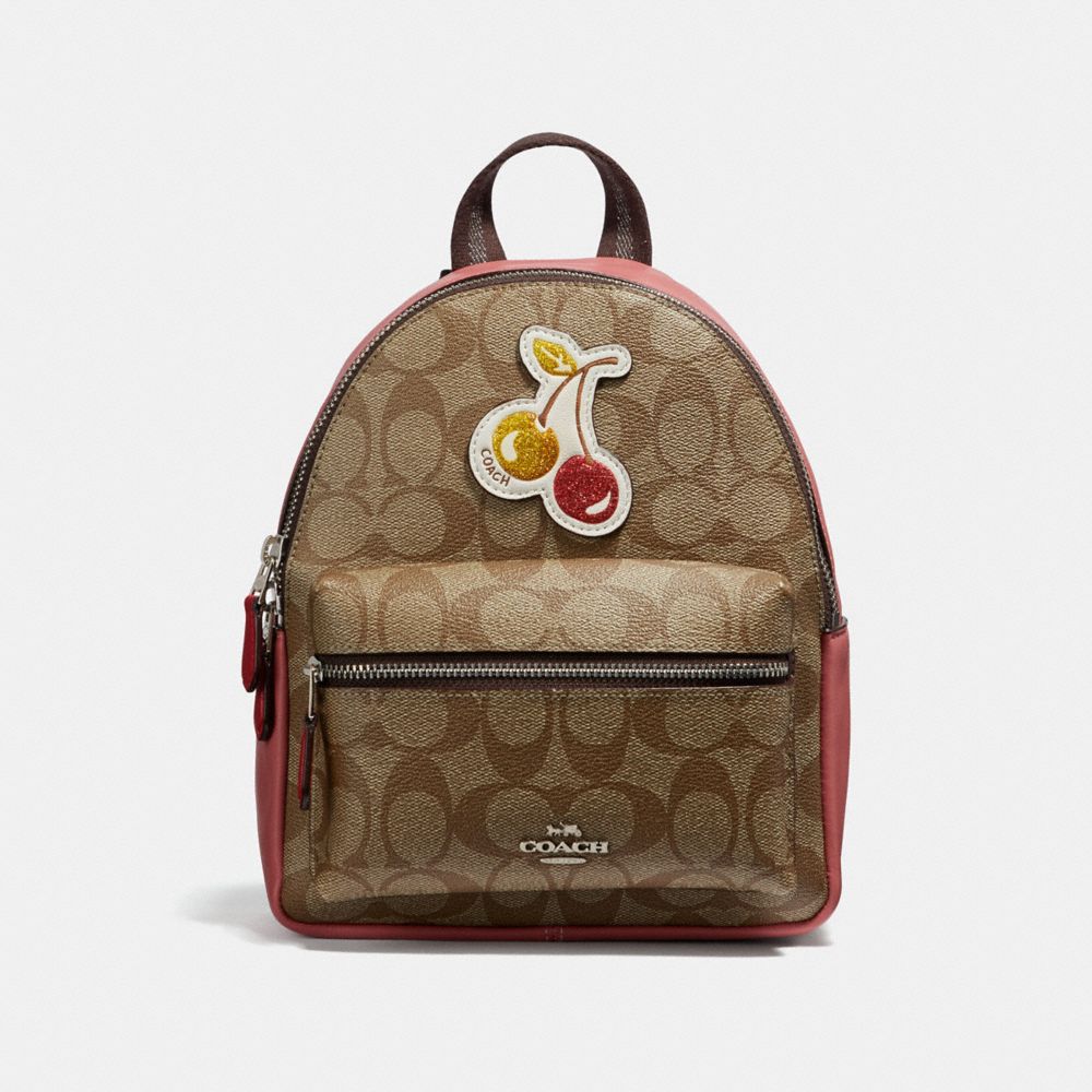 MINI CHARLIE BACKPACK IN SIGNATURE CANVAS WITH CHERRY PATCH - COACH f31933 - SILVER/LIGHT KHAKI MULTI