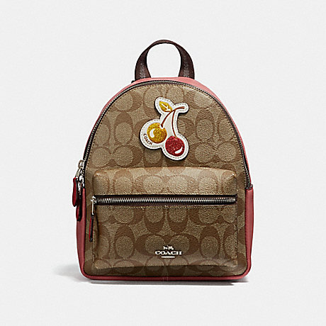 COACH MINI CHARLIE BACKPACK IN SIGNATURE CANVAS WITH CHERRY PATCH - LT KHAKI MULTI/SILVER - F31933