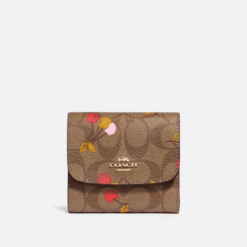 COACH SMALL WALLET IN SIGNATURE CANVAS WITH CHERRY PRINT - KHAKI MULTI /light gold - f31939