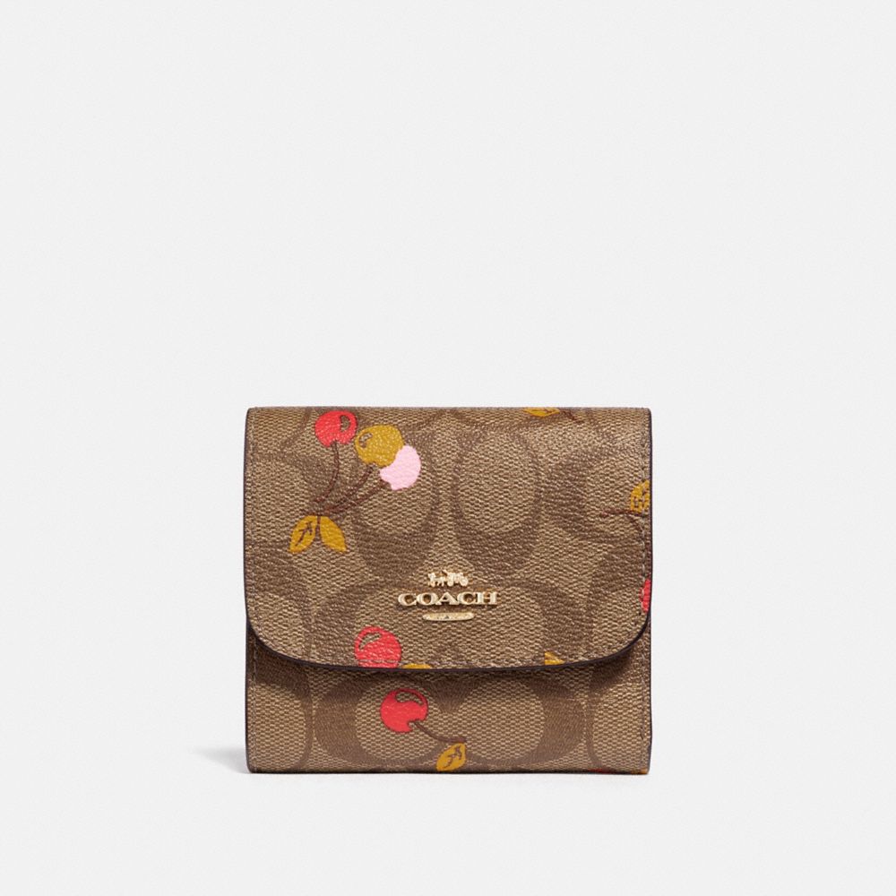 COACH f31939 SMALL WALLET IN SIGNATURE CANVAS WITH CHERRY PRINT KHAKI MULTI /light gold