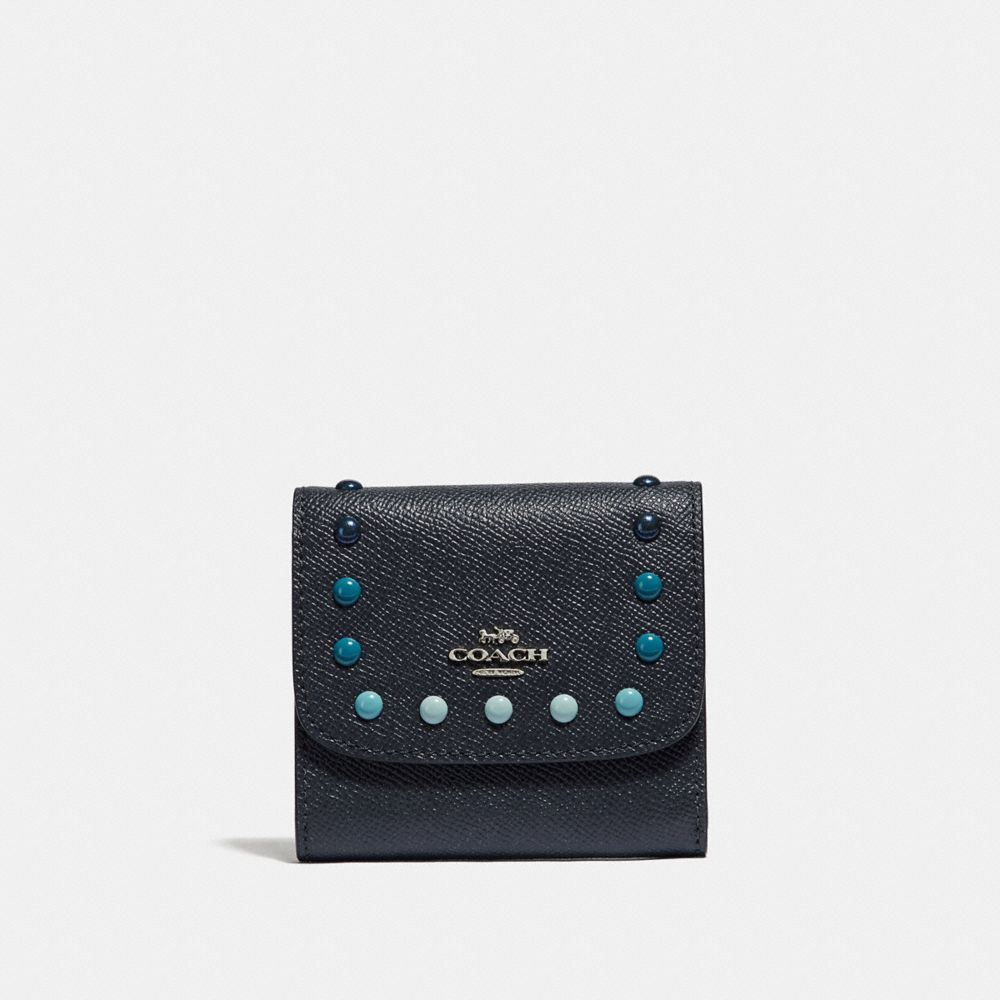 COACH SMALL WALLET WITH RAINBOW RIVETS - MIDNIGHT NAVY/SILVER - F31950
