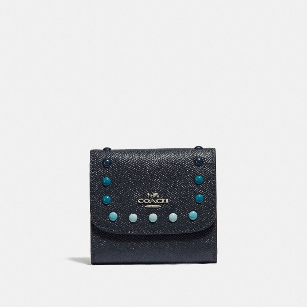 COACH F31950 SMALL WALLET WITH RAINBOW RIVETS MIDNIGHT NAVY/SILVER