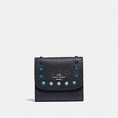 COACH SMALL WALLET WITH RAINBOW RIVETS - MIDNIGHT NAVY/SILVER - F31950