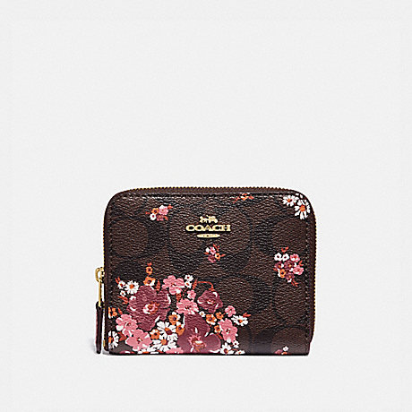 COACH f31955 SMALL ZIP AROUND WALLET IN SIGNATURE CANVAS WITH MEDLEY BOUQUET PRINT BROWN MULTI/light gold