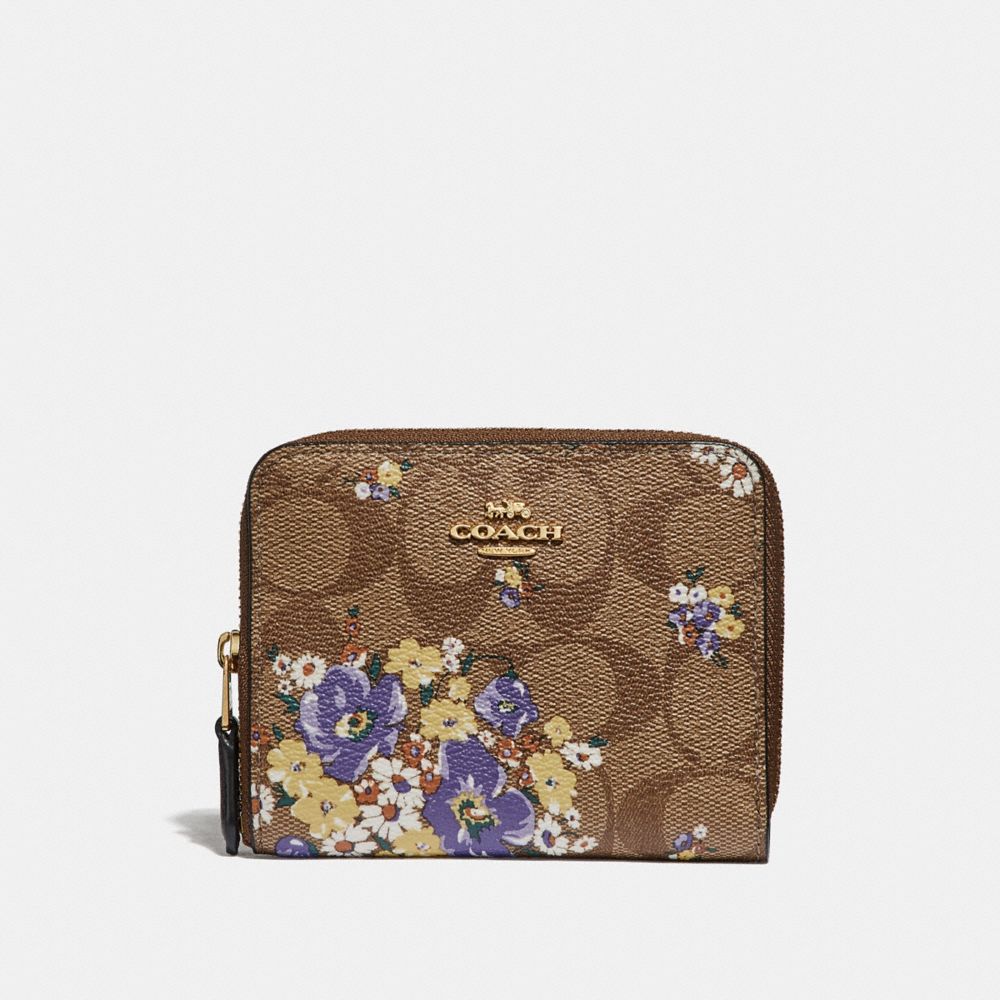 SMALL ZIP AROUND WALLET IN SIGNATURE CANVAS WITH MEDLEY BOUQUET PRINT - KHAKI MULTI /LIGHT GOLD - COACH F31955