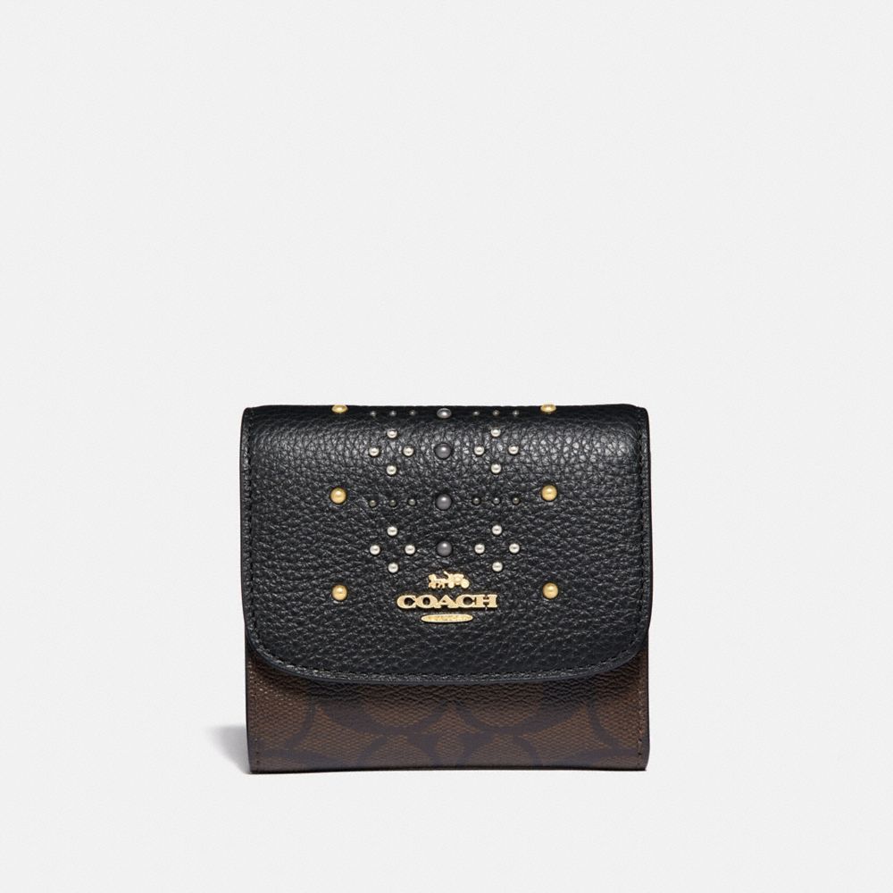 COACH F31969 - SMALL WALLET IN SIGNATURE CANVAS WITH RIVETS BROWN BLACK/MULTI/LIGHT GOLD