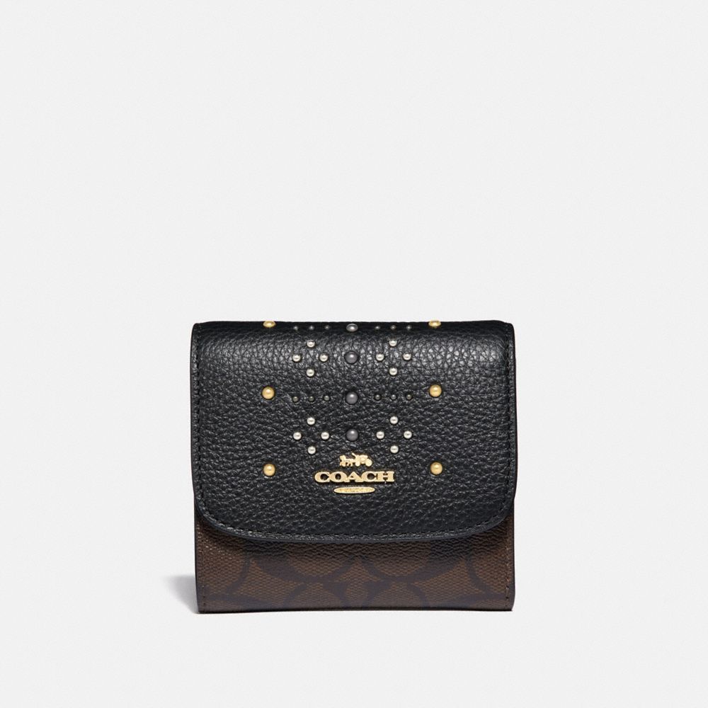 COACH F31969 Small Wallet In Signature Canvas With Rivets BROWN BLACK/MULTI/LIGHT GOLD