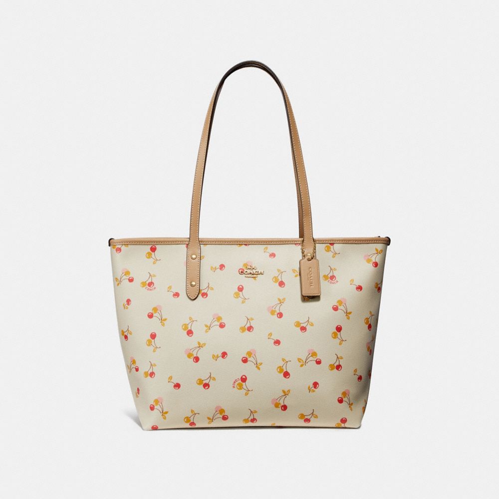 COACH CITY ZIP TOTE WITH CHERRY PRINT - CHALK MULTI/LIGHT GOLD - F31971