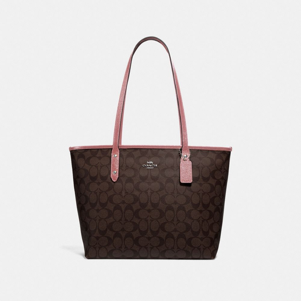 COACH F31974 CITY ZIP TOTE IN SIGNATURE CANVAS BROWN/DUSTY ROSE/SILVER