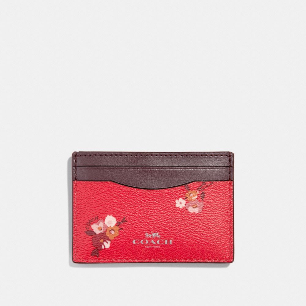 COACH F32006 Flat Card Case With Baby Bouquet Print BRIGHT RED MULTI /SILVER