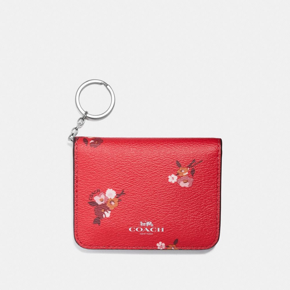 COACH f32008 BIFOLD CARD CASE WITH BABY BOUQUET PRINT BRIGHT RED MULTI /SILVER