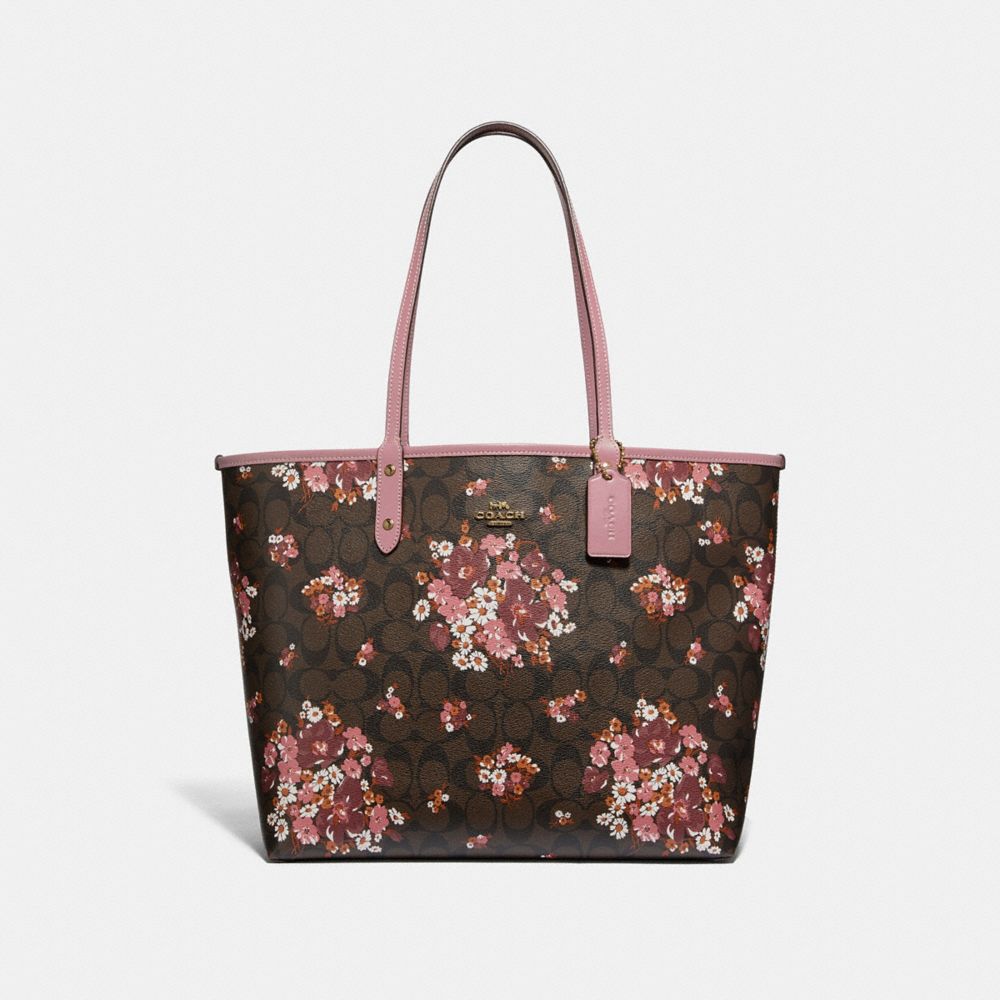 REVERSIBLE CITY TOTE IN SIGNATURE CANVAS WITH MEDLEY BOUQUET PRINT - f32084 - BROWN MULTI/light gold