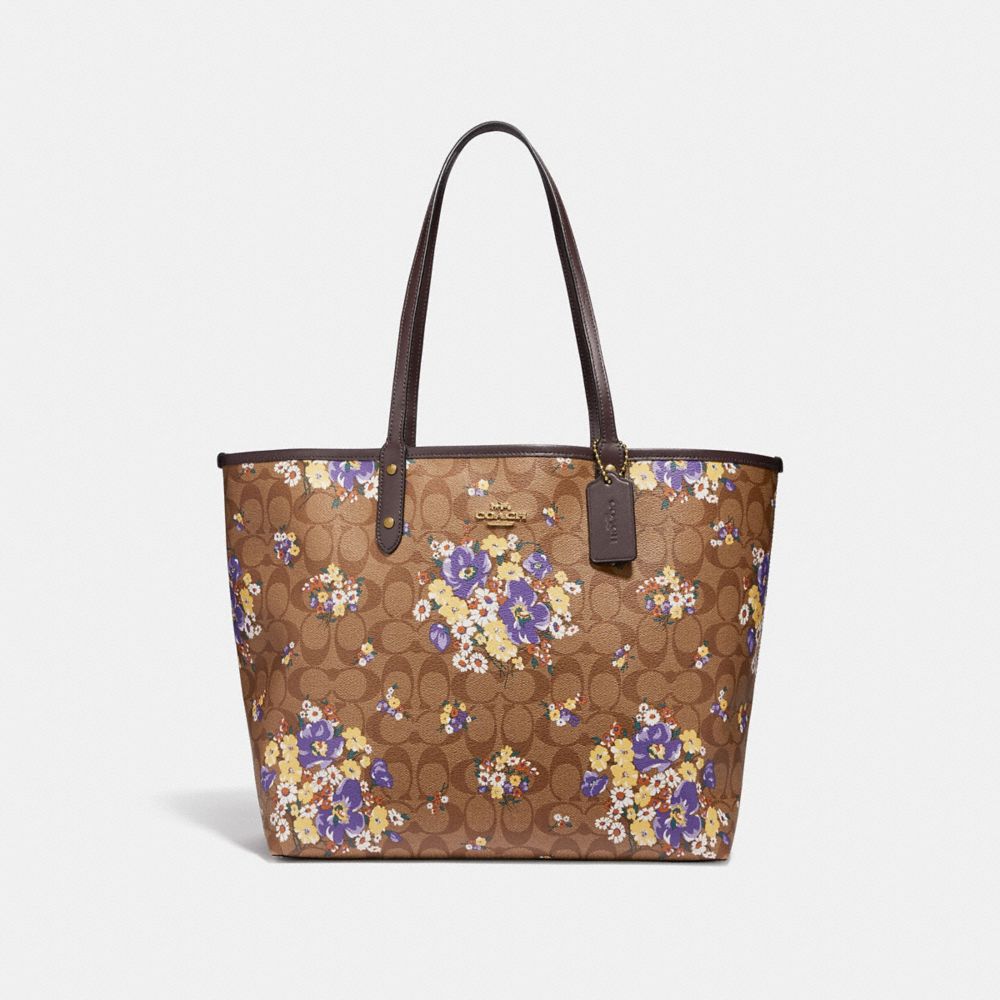 REVERSIBLE CITY TOTE IN SIGNATURE CANVAS WITH MEDLEY BOUQUET PRINT - COACH f32084 - KHAKI MULTI /light gold