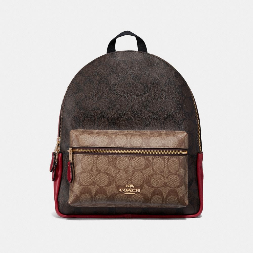 COACH MEDIUM CHARLIE BACKPACK IN COLORBLOCK SIGNATURE CANVAS - KHAKI/BROWN MULTI/LIGHT GOLD - F32111