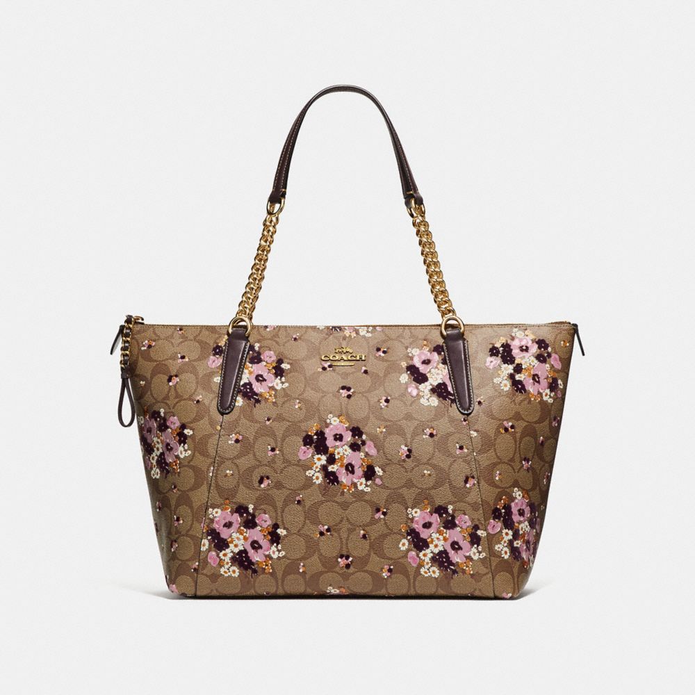 AVA CHAIN TOTE IN SIGNATURE CANVAS WITH FLORAL FLOCKING - f32118 - KHAKI MULTI /light gold