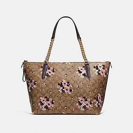 COACH f32118 AVA CHAIN TOTE IN SIGNATURE CANVAS WITH FLORAL FLOCKING KHAKI MULTI /light gold