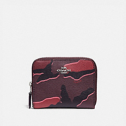 SMALL ZIP AROUND WALLET WITH WILD CAMO PRINT - BURGUNDY MULTI/SILVER - COACH F32155