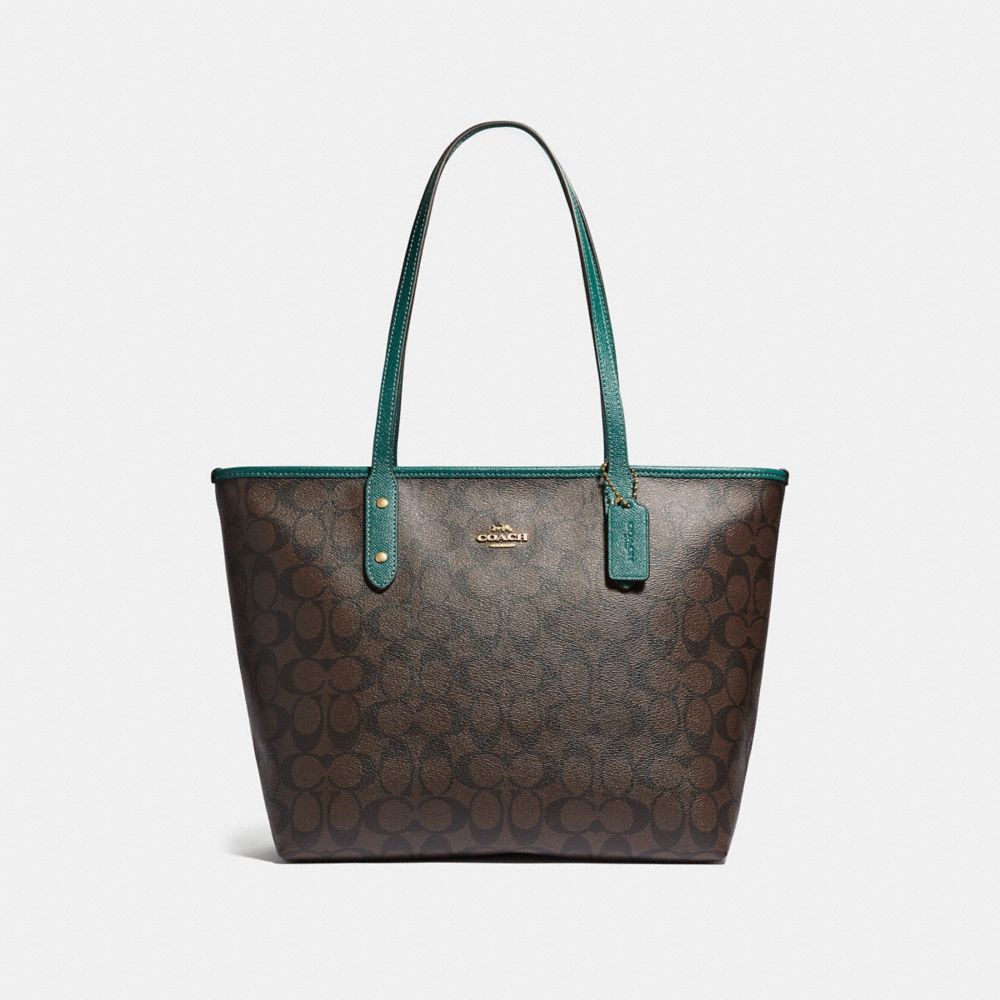 COACH F32191 - CITY ZIP TOTE IN SIGNATURE CANVAS BROWN/DARK TURQUOISE/LIGHT GOLD