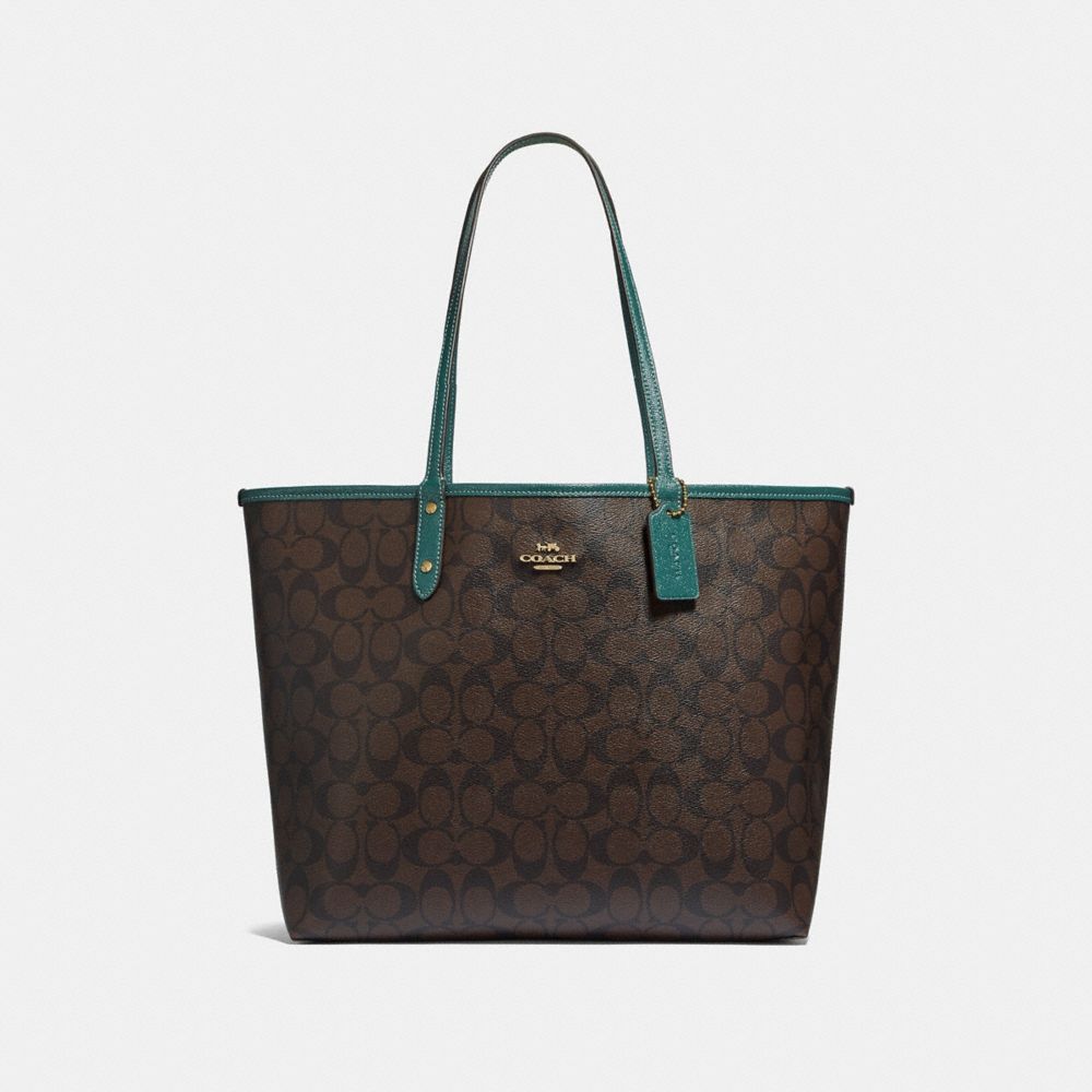 REVERSIBLE CITY TOTE IN SIGNATURE CANVAS - BROWN/DARK TURQUOISE/LIGHT GOLD - COACH F32192