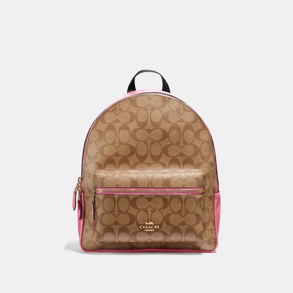MEDIUM CHARLIE BACKPACK IN SIGNATURE CANVAS - F32200 - KHAKI/PINK RUBY/GOLD