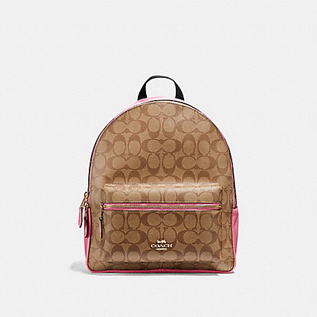 COACH F32200 MEDIUM CHARLIE BACKPACK IN SIGNATURE CANVAS KHAKI/PINK-RUBY/GOLD