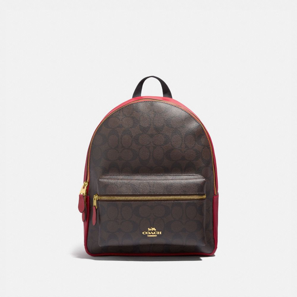 MEDIUM CHARLIE BACKPACK IN SIGNATURE CANVAS - COACH F32200 - BROWN/TRUE RED/LIGHT GOLD