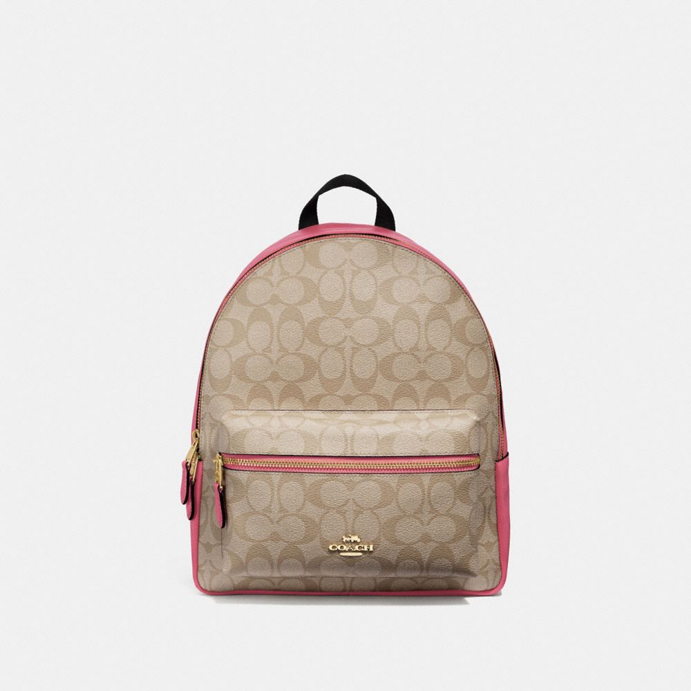 MEDIUM CHARLIE BACKPACK IN SIGNATURE CANVAS - F32200 - LIGHT KHAKI/ROUGE/GOLD